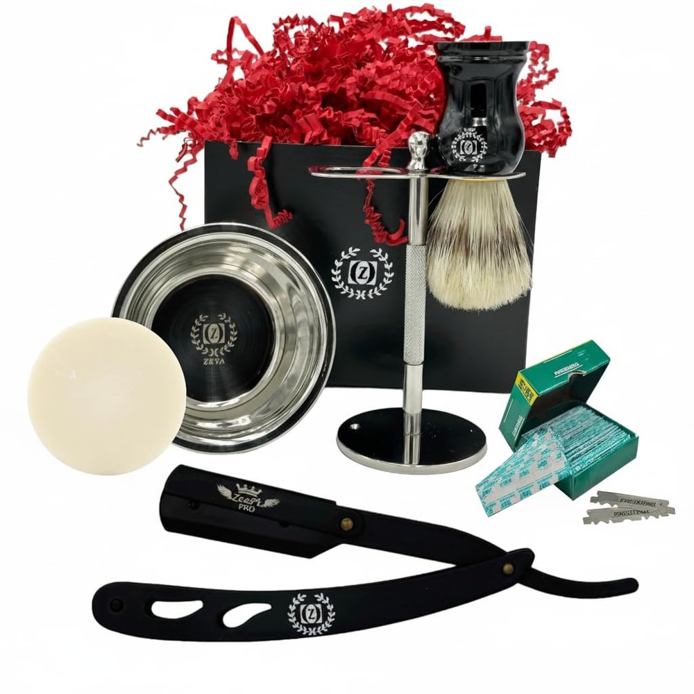 Men's Shaving Gift Set - 6 Pcs Luxury Wet Shave Kit for Him | Black Shavette Straight Razor, Natural Brush, Sensitive Skin Soap, Stand, Bowl & 100 Blades Gift For him