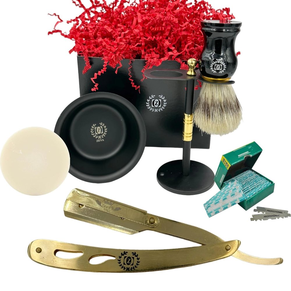 Shaving Gift Set for Men | 6 Pc Luxury Gold Shavette Razor & Matte Black Shave Kit | Perfect Holiday Present for Him, Husband or Boyfriend Father Christmas Gift 100 Blades Brush Stand Bowl Soap