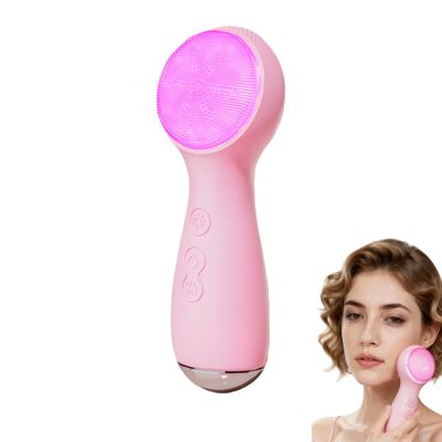 Colorful LED Silicone Face Wash Brush - Sonic Vibration Face Cleaner with Heat Sensation, Waterproof Electric Face Brush for at-Home Spa & Travel Skincare (Pink)