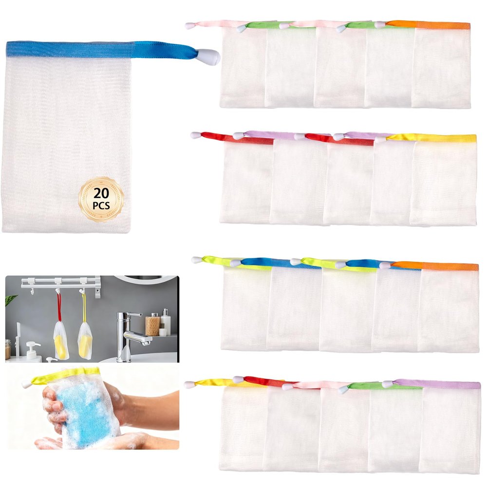 20 Pack Exfoliating Soap Nets, Premium Mesh Soap Bags with Drawstring for Rich Lather, Shower and Bath Body Scrub Pouches, Striped Design