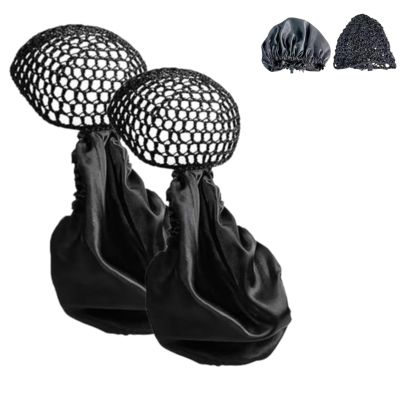 2 in 1 Wrap Cap Hair Net and Scarf,Reversible Adjustable Tie Band Wrap Cap Bonnet,Double Layered Silk Press Long Hair Hat (2)
