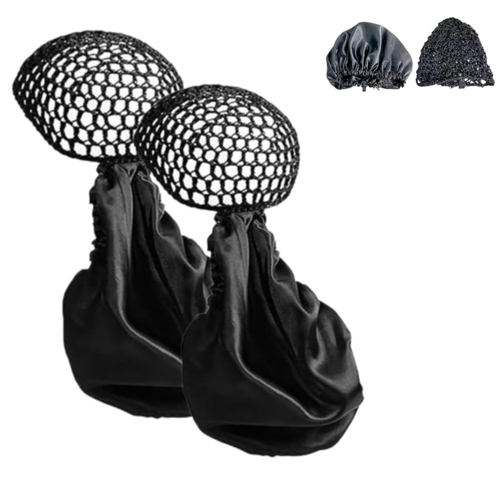2 in 1 Wrap Cap Hair Net and Scarf,Reversible Adjustable Tie Band Wrap Cap Bonnet,Double Layered Silk Press Long Hair Hat (2)
