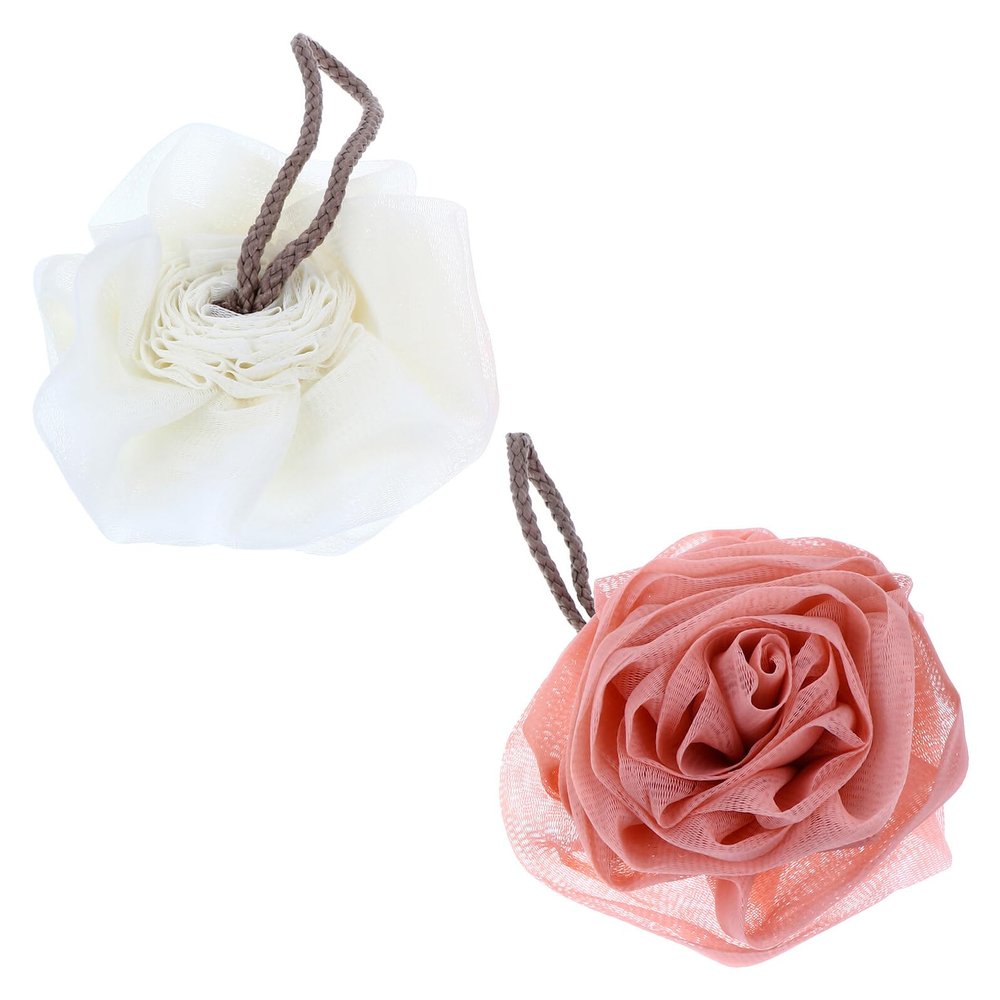 Baluue 2 Pcs Flower Shape Mesh Bath Balls Exfoliating Shower Sponges with Hanging Rope Soft Poufs in Pink and White for Body Scrubbing and Easy Drying