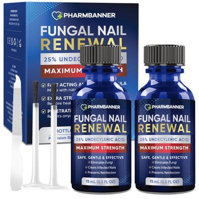 PHARMBANNER Toenail Fungus Treatment Extra Strength: 25% Undecylenic Acid Toe & Fingernail Fungus Renewal - Nail Fungus Treatment Kit with Brush & File - For Ingrown Nails & Discoloration