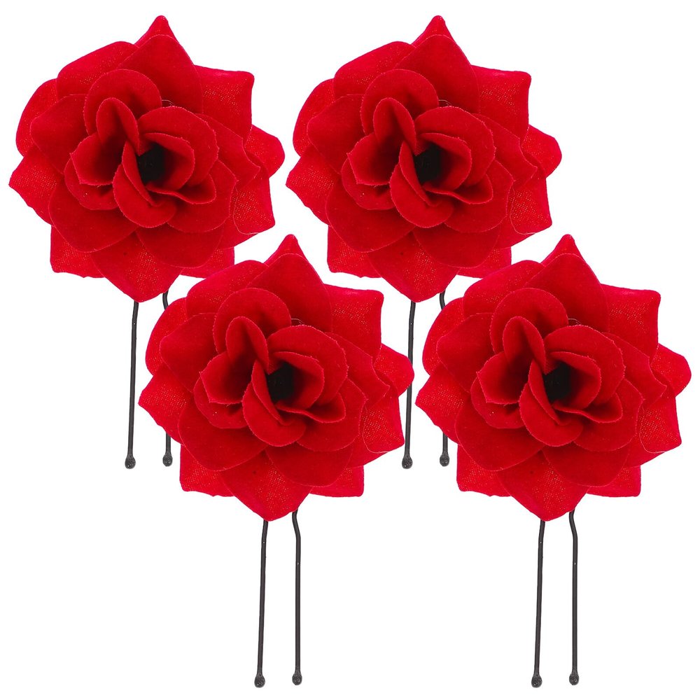 LOORGVEL 4pcs Red Rose Shaped Hairpins Velvet Wedding Headdress Bridal Hair Accessories for Bridesmaids Party Prom Headwear