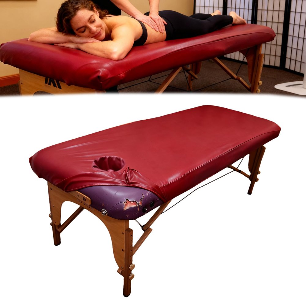 32 Inches Wide Vinyl Massage Table Cover with Face Hole | 100% PU Massage Table Cover Protector | Wipeable, Reusable & Waterproof Vinyl Cover for Square Massage Tables Dark Red,80cm,1Pack
