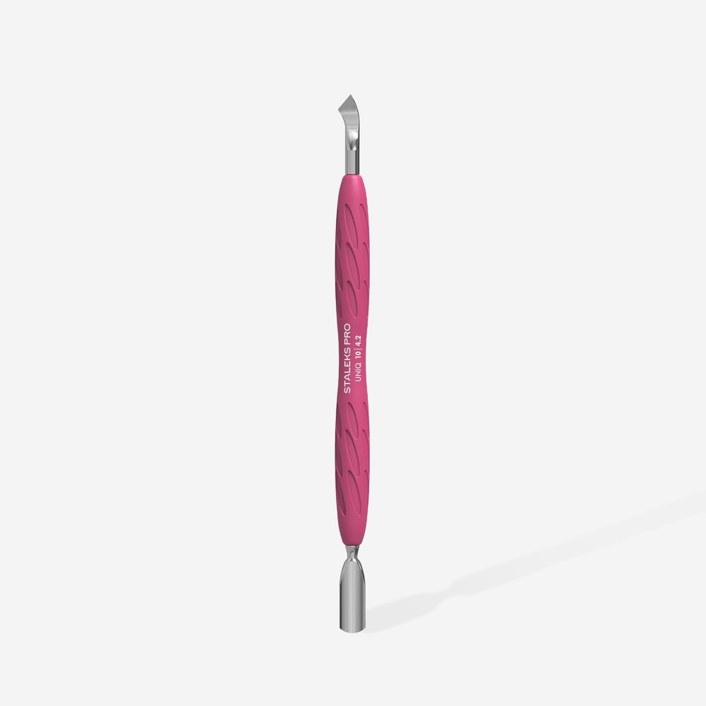 Staleks PRO Manicure Pusher with Silicone Handle Gummy UNIQ 10 TYPE 4.2  Narrow Rounded Pusher + Bent Blade (Professional Dual-Ended Cuticle Pusher)