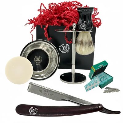 Barber Shave Kit Barbershop 6-Pc Men's Gift Set | Razor Shave Stand Brush Bowl Soap 100 Blades Maquinilla de Afeitar Profesional, Stainless Steel | The ULTIMATE Gift for Him