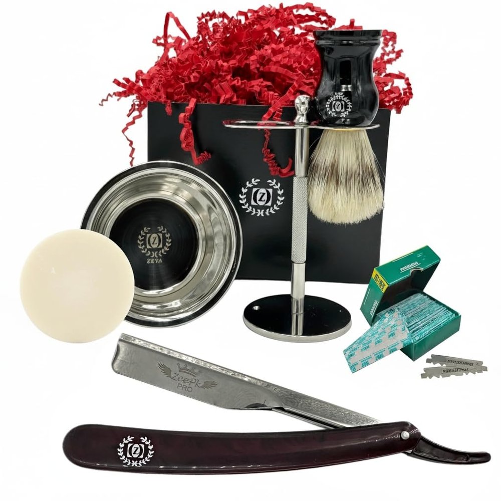 Barber Shave Kit Barbershop 6-Pc Men's Gift Set | Razor Shave Stand Brush Bowl Soap 100 Blades Maquinilla de Afeitar Profesional, Stainless Steel | The ULTIMATE Gift for Him