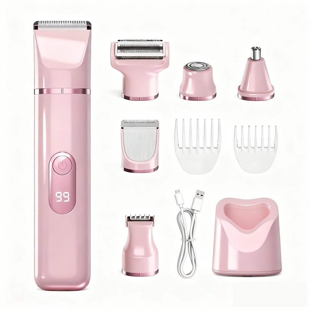 ZLILUGL 5-in-1 Electric Bikini Trimmer for Women IPX7, Painless Electric Razor & Shaver with Dual Blades, Women Pubic Facial Nose Body Leg Hair Removal, USB Recharge Dock, Waterproof Hygiene Razor