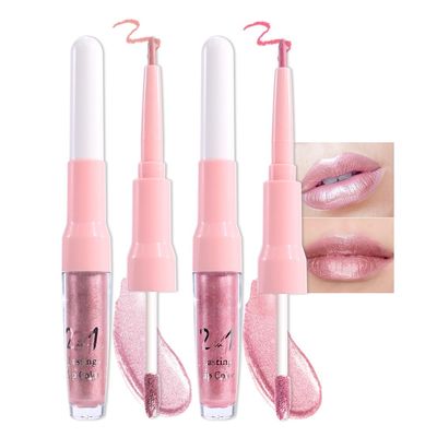 evpct 2Pcs Nude Baby Pink Metallic Glitter Lip Liner and Lipstick Combo, Shimmery Lip Gloss Stain Set Makeup for Women Long Lasting Waterproof 24, Metallic Shimmer Iridescent Glossy Liquid Lipstick