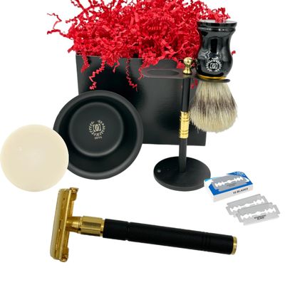 Men Safety Razor Vintage Shaving Gift Set | Butterfly Open DE Safety Razor, Stainless Steel Stand & Bowl, Natural Brush & 10 Blades Black Matte Finish Holiday Gift Idea
