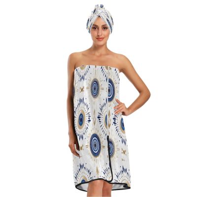 KEEPREAL Women's Spa Towel Wrap Set of 3, Evil Eye Bathrobe Shower Bath Body Wrap with Adjustable Closure#286