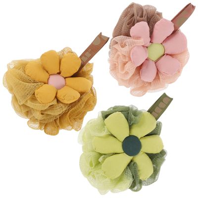 ASAKKURA 3pcs Shower Loofah for Women Soft Mesh Bath Sponge Exfoliating Body Scrubber Lightweight Flower-Shaped Pouf in Yellow Green Pink Portable and Easy to Hang