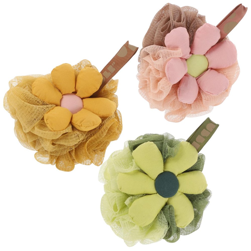 ASAKKURA 3pcs Shower Loofah for Women Soft Mesh Bath Sponge Exfoliating Body Scrubber Lightweight Flower-Shaped Pouf in Yellow Green Pink Portable and Easy to Hang