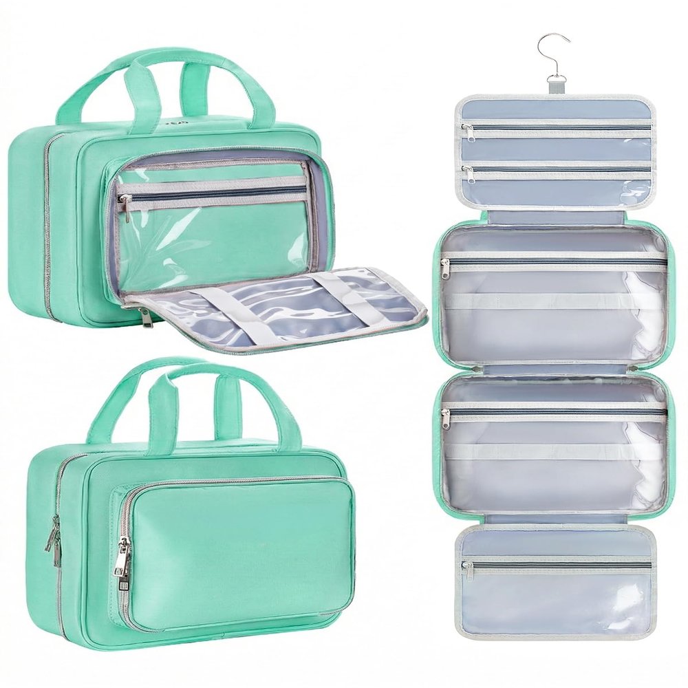 Chakipee Travel Hanging Toiletry Bag for Women - Waterproof Cosmetic Organizer with Clear Window, Lightweight Bathroom Bags for Essentials, Makeup, Shampoo, Toiletries Green,Large