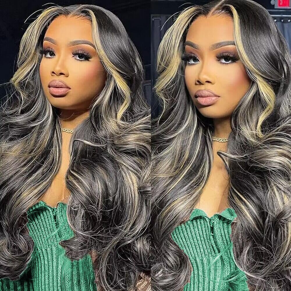 13x6 Balayage Highlight Lace Front Wig Human Hair 13x6 HD Lace Front Wigs Human Hair Pre Plucked Ombre Body Wave Wig 200% Density FB/27 Colored Frontal Wigs Glueless Wigs for Women 26 Inch
