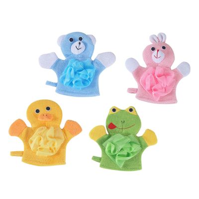HAKIDZEL 4Pcs Bathing Gloves Cute Animal Shower Wipes Soft Body Cleaner Exfoliating Mitt for Gentle Care in Pink Blue Green Yellow