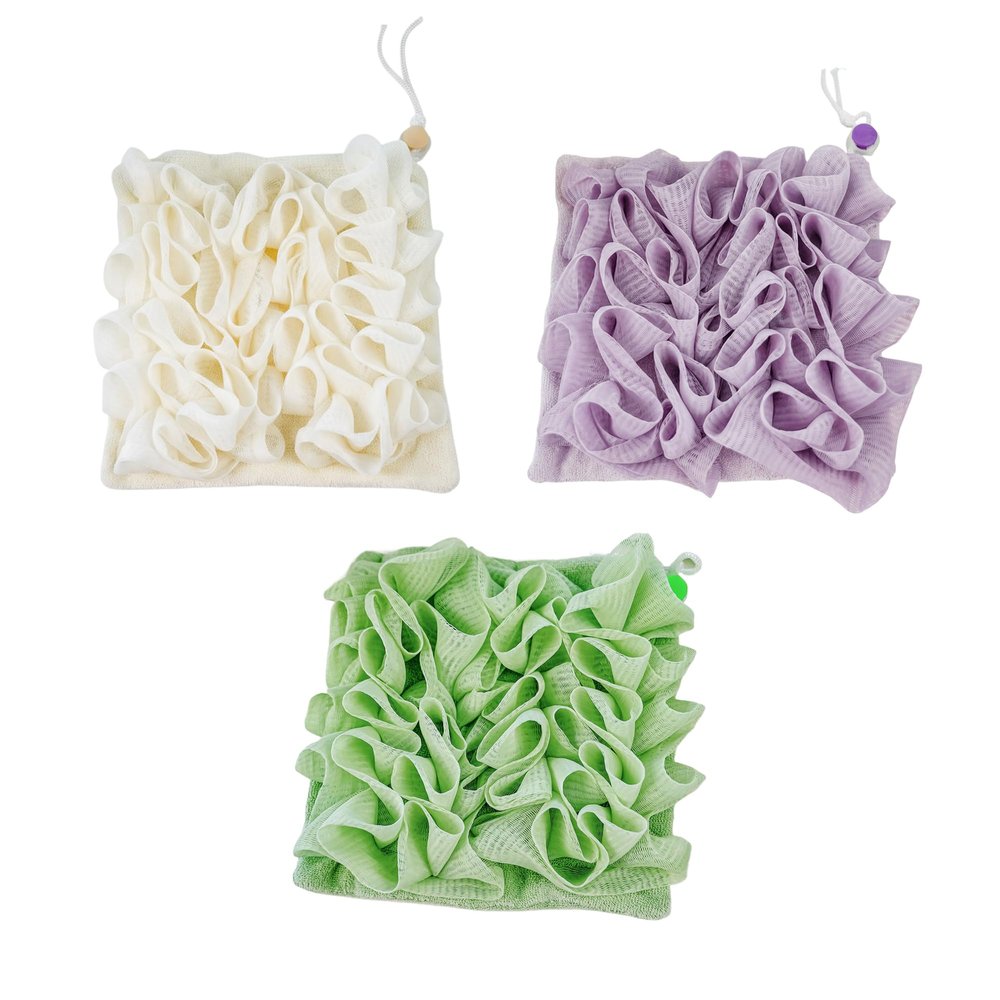 3-Pack Washcloth Loofah Combo: 2 in 1 Soap Loofah Pouch Can Hold Soap for Bathing, Exfoliation Mesh Shower Ball for Body Wash & Smooth Skin
