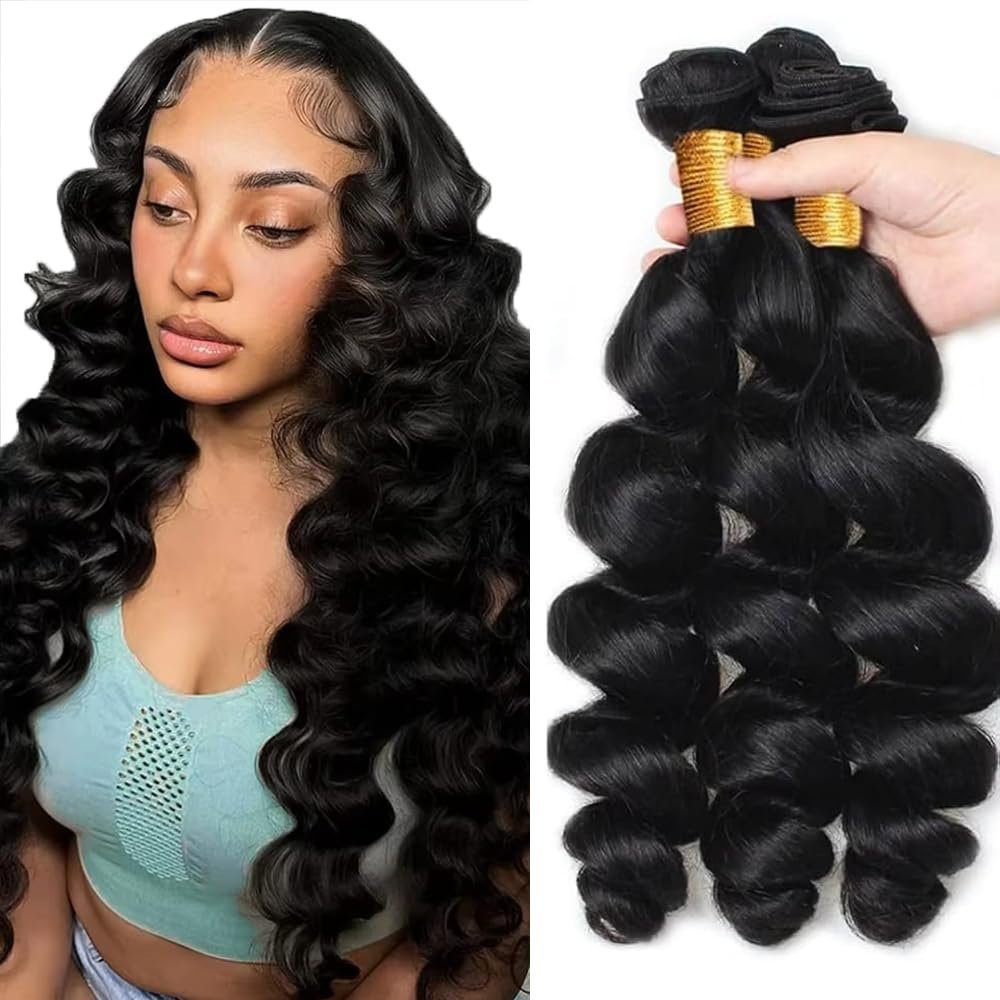 Human Hair Bundles Loose Deep Wave Bundles 30 30 30 Inch Loose Deep Wave Human Hair Extensions Double Weft Unprocessed Brazilian Virgin Hair #1B Natural Color 3 Bundle 50 Grams Per Bundle