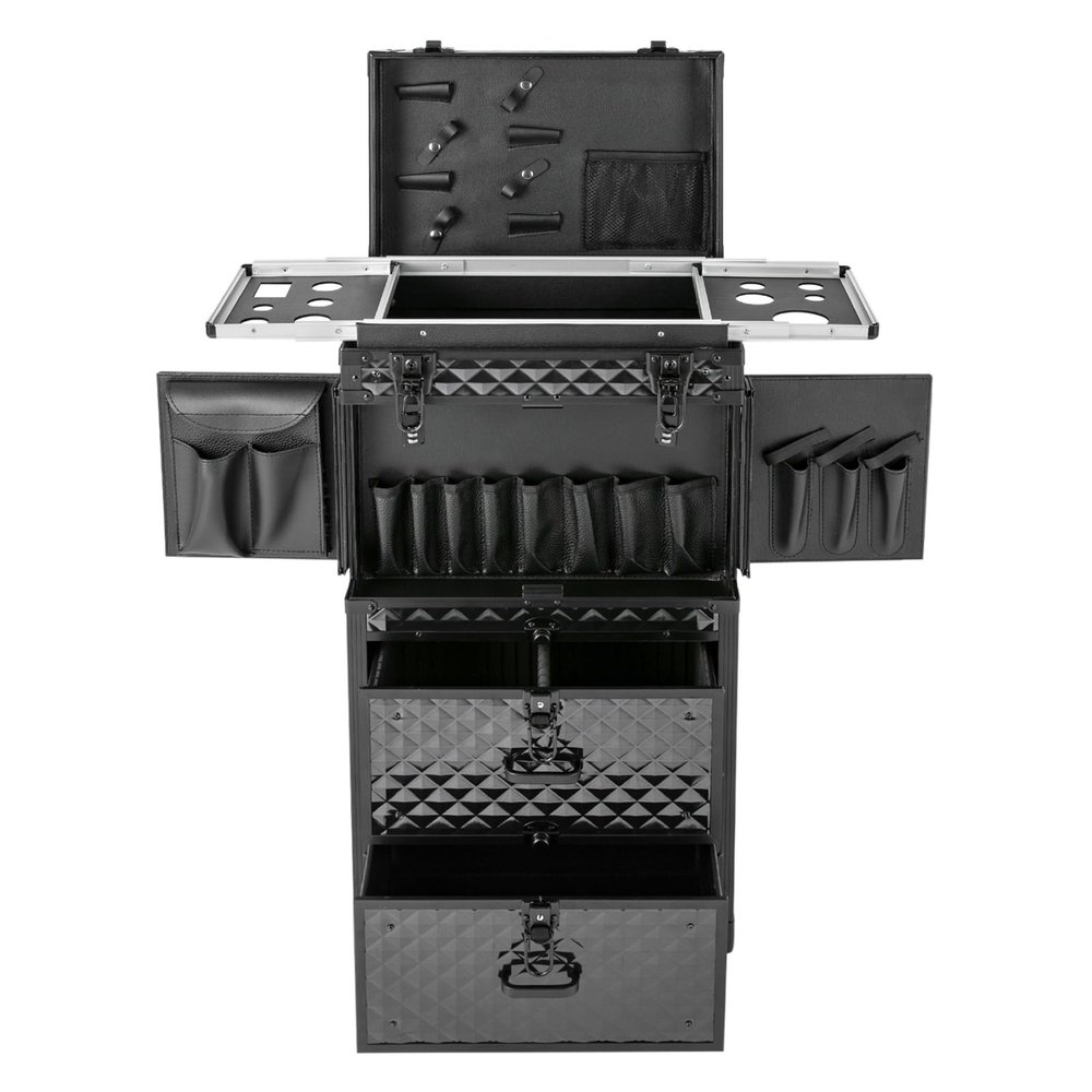 IOUSSJC Cosmetology Kit Case, Rolling Makeup Case with Retractable Tray, Professional Hair Salon Handcart for Private Homes, Parties, Weddings, Two Combination Locks and Six keys