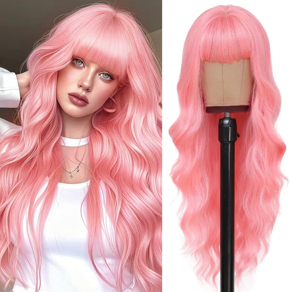 VOZIFAXIU Pink Wig with Bangs for Women 26 Inch Long Wavy Pink Wigs Synthetic Heat Resistant Wig for Daily Party Use