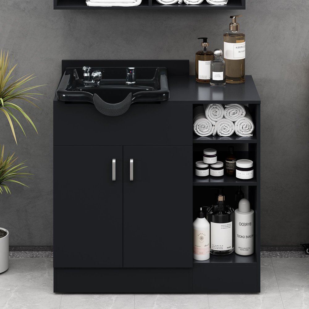 CNPOP Shampoo Backwash Station with ABS Bowl and Storage Cabinet for Salons, Classic Modern Salon Sink Station with Faucet & Hose, Waterproof MDF Beauty Equipment for Spa Barber Shop