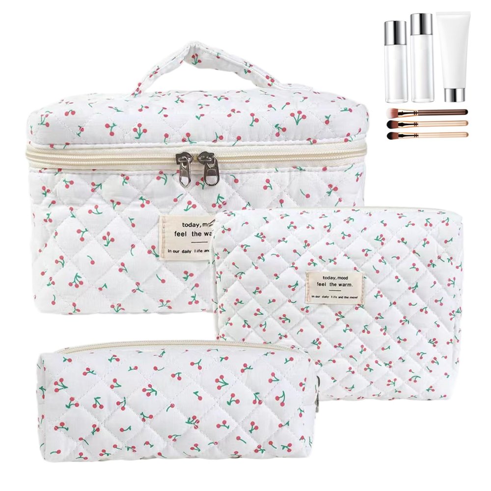 3PCS Floral Quilted Makeup Bag, 3 Sizes Large Capacity Cosmetic Bag, Zippered Foldable Portable Makeup Pouch for Women Girls Ladies Travel, COSMETIC CASE