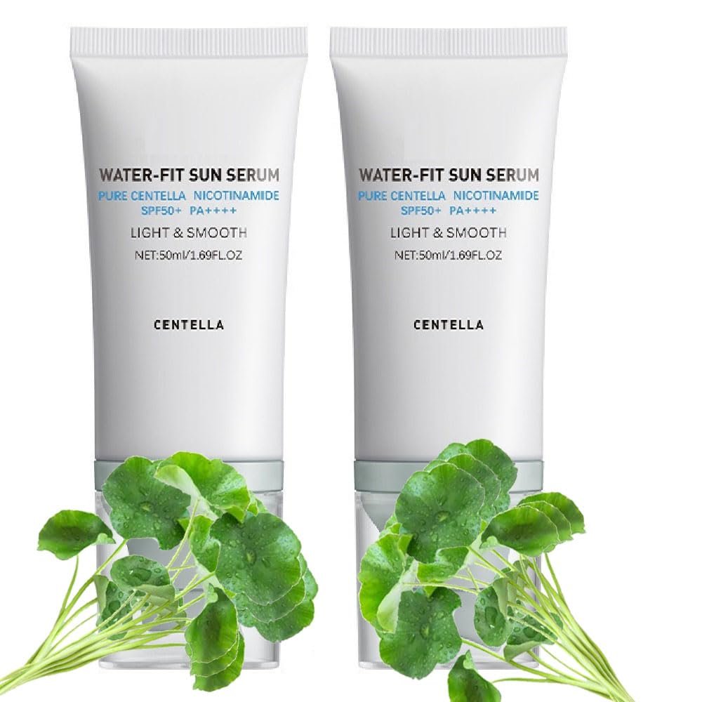 2 Pcs Centella Sunscreen, Lightweight Hydrating Centella Water-Fit Sun Serum SPF 50 for All Skin and UV Defense.