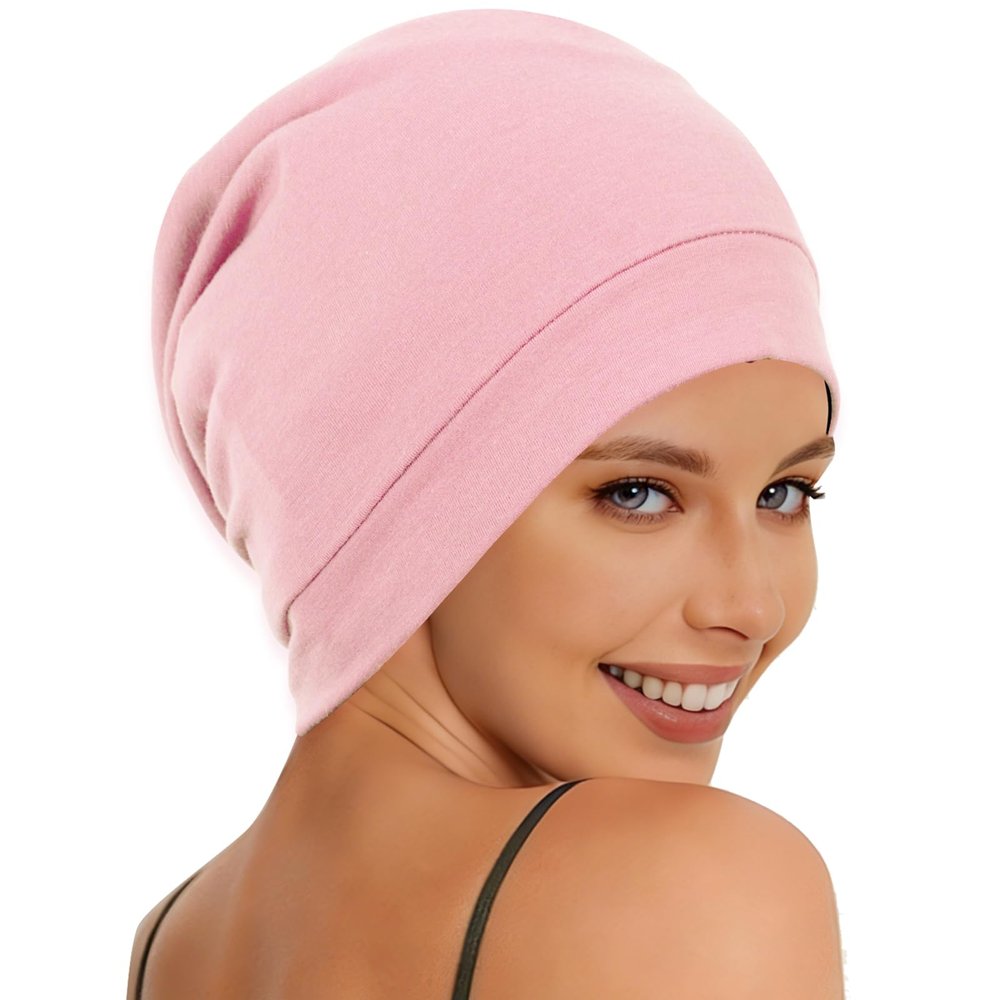 HATOHA Satin Bonnet for Men, Adjustable Buckle Sleep Cap, Curly Hair Pink