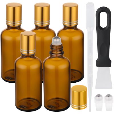 Segbeauty 1.7oz Thick Glass Amber Roller Bottles for Essential Oils, 5pcs Travel Roll On Perfume Bottles, 50ml Refillable Roller Ball Applicator for Eye Essence, Empty Rollerball Bottle for Castor Oil