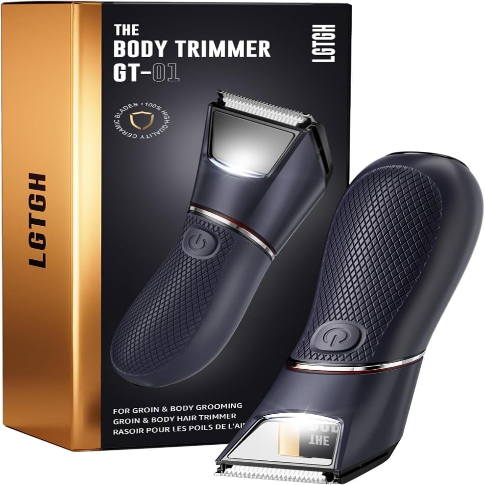 LGTGH Body Trimmer for Men: Pubic Hair Trimmer with Mirror & LED Light - IPX7 Waterproof Wet or Dry Use for Chest/Back/Groin -Ceramic Blades & Travel Lock - No Nicks/Cuts Ball Shaver
