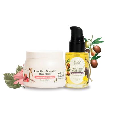 BEMT Hair Repair & Frizz Control Set Pre-Shampoo Hair Mask & Serum with Marshmallow Root, Hibiscus, Flaxseed & Broccoli Seed Oil Moisturizing & Smoothing Treatment 200g Mask + 30ml Serum