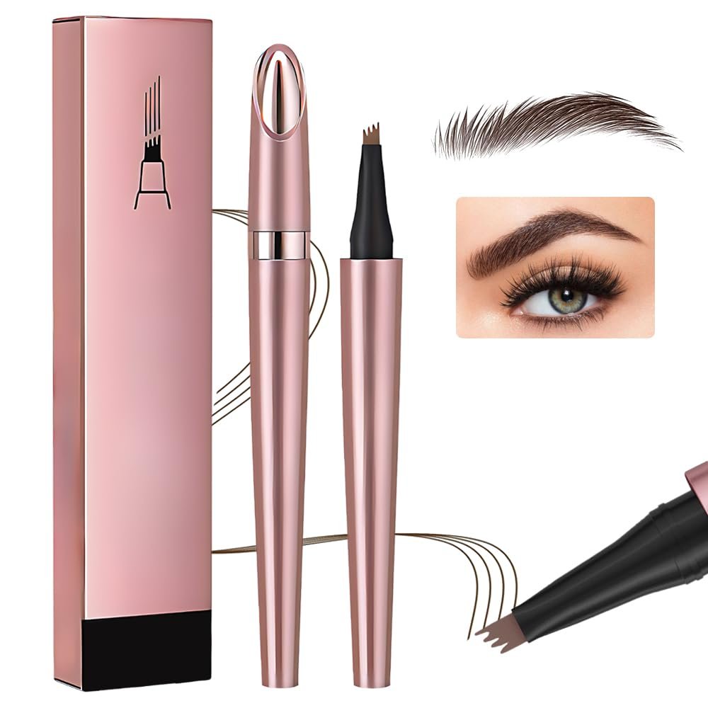 2026 New 3D Waterproof Microblading Eyebrow Pen 4 Fork Tip Tattoo Pencil, Long-lasting Natural Eyebrow Makeup Fine Stroke Magic Eyebrow Pencil for Women (Dark Brown)