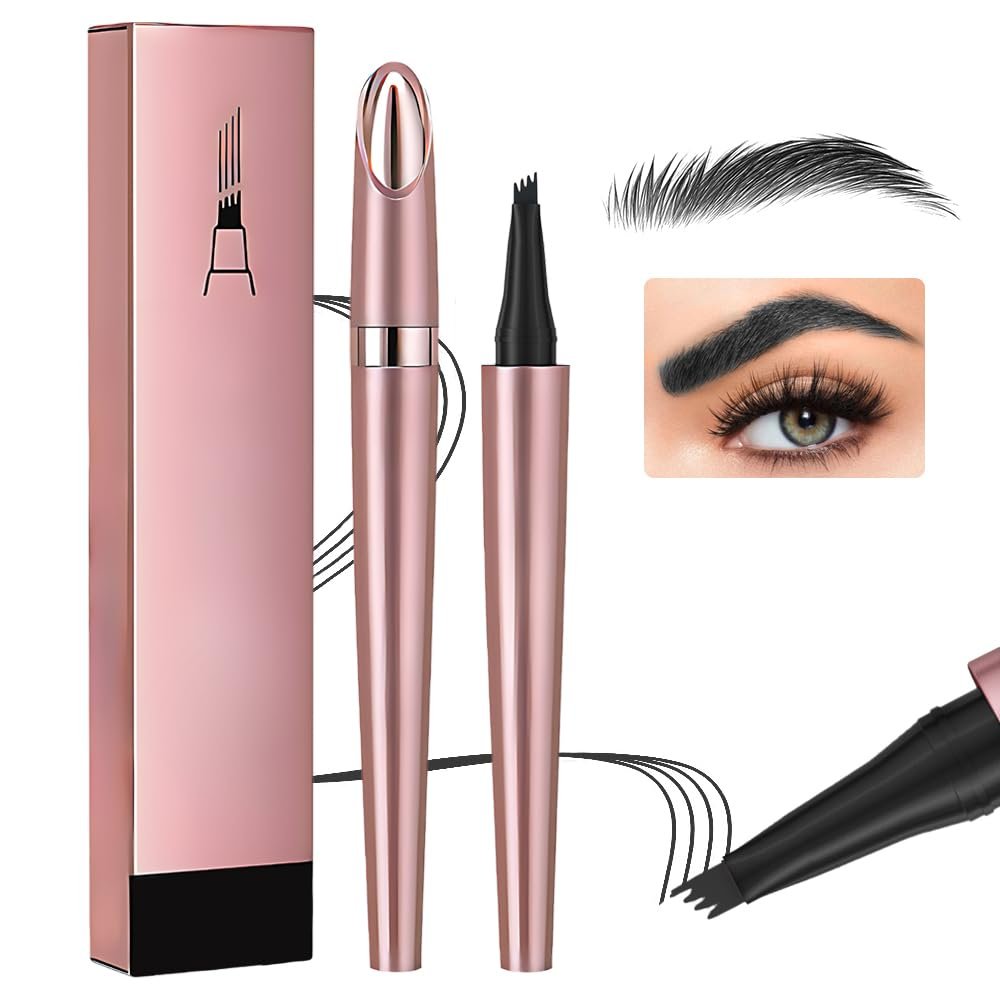 2026 New 3D Waterproof Microblading Eyebrow Pen 4 Fork Tip Tattoo Pencil, Long-lasting Natural Eyebrow Makeup Fine Stroke Magic Eyebrow Pencil for Women (Black)