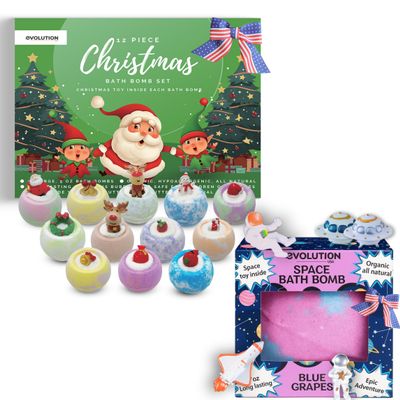 EvolutionUSA Epic Space Bath Bomb for Kids with Toys Inside & EvolutionUSA Christmas Bath Bomb Set with Toy, Holiday & Superhero Children Bath Bombs, Stocking Stuffer Bath Balls for Boys & Girls
