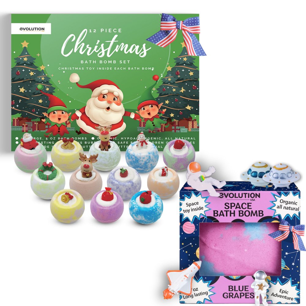 EvolutionUSA Epic Space Bath Bomb for Kids with Toys Inside & EvolutionUSA Christmas Bath Bomb Set with Toy, Holiday & Superhero Children Bath Bombs, Stocking Stuffer Bath Balls for Boys & Girls