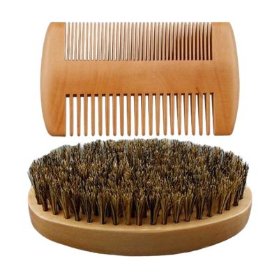 Beard Brush Comb Set for Men, Boar Bristle, 1 Set, Wooden Boar Bristle Hair Moustache Comb, Mustache Beard Grooming Kit, Wood Craftsmanship, for Home Barber