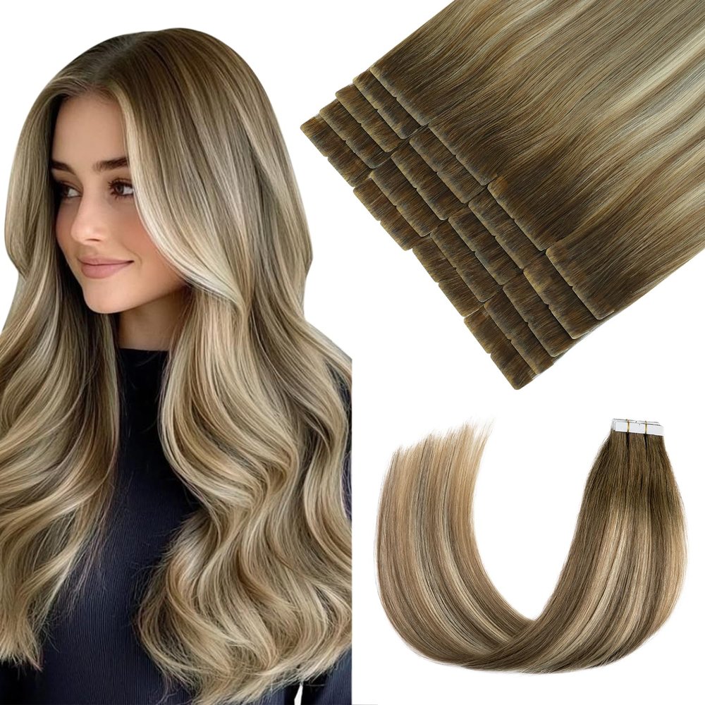 Pinkpearl Invisible Tape in Hair Extensions Human Hair, 20pcs 18inch 50g #3/8/22 Balayage Walnut Brown to Ash Brown and Golden Blonde Injection Tape in Extensions Real Remy Human Hair Injected