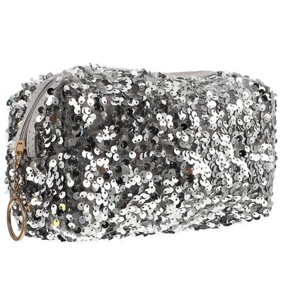 Toyvian Portable Sequin Makeup Bag with Zipper Secure Closure Large Capacity Cosmetic Organizer Pouch for Toiletries and Skincare Lightweight Square Design in Silver for Travel and Daily