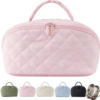 2026 New Petition Makeup Bag For Woman, 180Wide Open Lay-Flat Water-Resistant Cosmetic Case, Puffy Padded Organizer With Compartments Travel Essentials For Toiletries & Brushes (Pink)