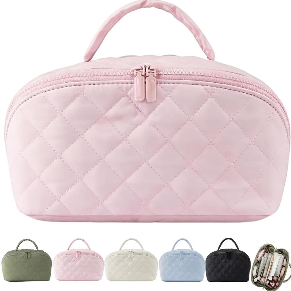 2026 New Petition Makeup Bag For Woman, 180Wide Open Lay-Flat Water-Resistant Cosmetic Case, Puffy Padded Organizer With Compartments Travel Essentials For Toiletries & Brushes (Pink)