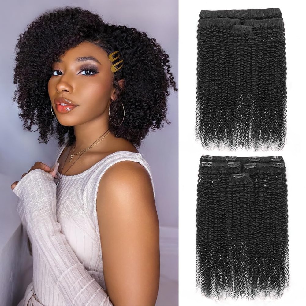 4Pcs Afro Kinky Curly Clip in Hair Extensions Real Human Hair, 16 Inch 70g Natural Black, Lace Invisible Seamless & Thicken, 4B 4C Remy Clip Ins for Women