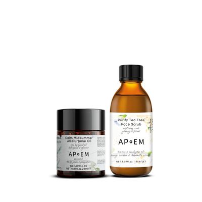 APoEM Renew & Purify Skincare Set | Anti-Aging Serum Capsules & Tea Tree Face Scrub | Smooth, Firm & Brighten Skin | Natural Botanical Formula