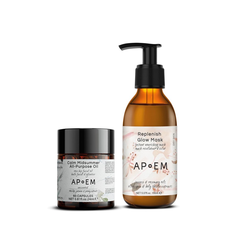 APoEM Renew & Replenish Skincare Set | Anti-Aging Serum Capsules & Hydrating Glow Mask | Firming, Brightening & Deep Moisture | Natural Botanical Formula