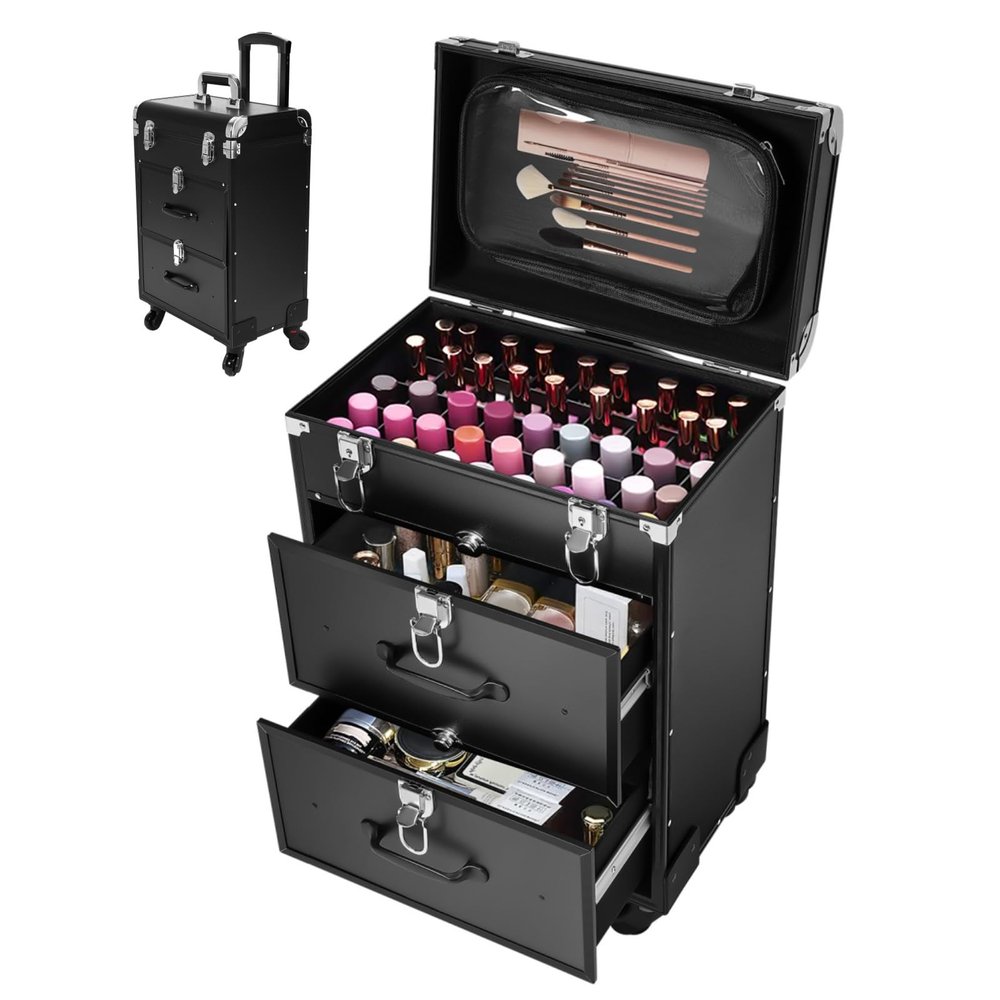 Arligaaduo Aluminum Rolling Makeup Train Case, Portable Makeup Organizer Suitcase, Cosmetic Storage Box, Lockable Travel Salon Beauty Luggage Trolley w/4 Removable Wheels & 2 Sliding Drawers (Black)