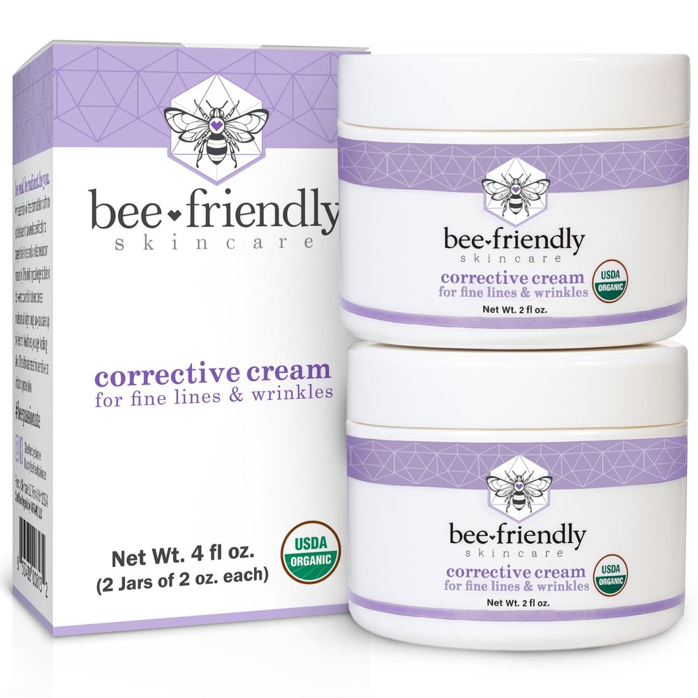 BeeFriendly Organic Corrective Cream, USDA Certified Face Moisturizer Rich Anti Aging Night Cream For Sensitive Skin Aids With Fine Lines, Wrinkles, Crows Feet, Eyes, Face, Neck 4 oz (2 Jars in box)