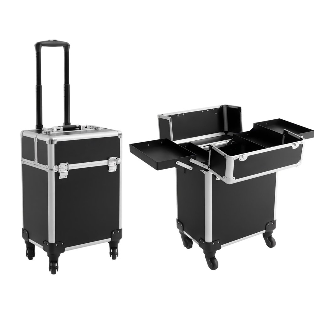 Kaichenyt Rolling Makeup Train Case Solid Color Large Capity Cosmetic Trolley with Removable Swivel Wheels & 2*Keys Makeup Storage Case for Salon Barber Nail (Black)