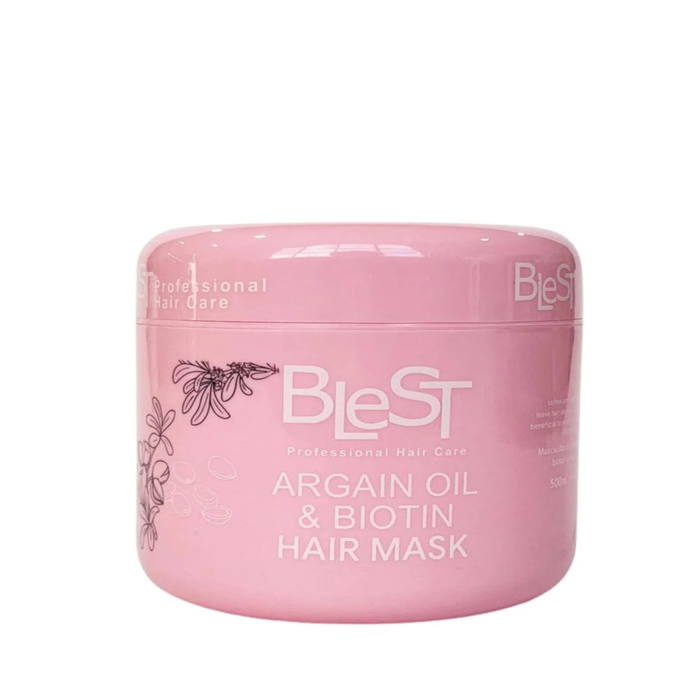 Blest Professional Argan Oil and Biotin Hair Mask, Pink, Deep Conditioning Treatment for Damaged Hair