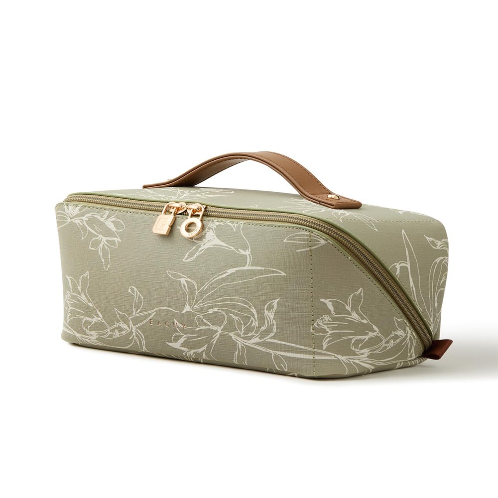 EACHY Travel Makeup Bag, Floral Cosmetic Bag for Women, Green, Medium
